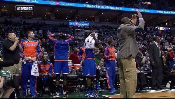 Knicks bench reacts to bad shot by Bargnani