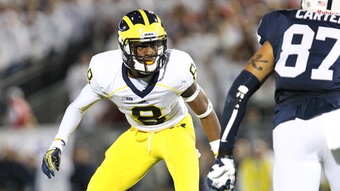 Oct 12, 2013; University Park, PA, USA; Michigan Wolverines defensive back Channing Stribling (8) during the fourth quarter against the Penn State Nittany Lions at Beaver Stadium. Penn State defeated Michigan 43-40 in overtime. Mandatory Credit: Matthew O'Haren-USA TODAY Sports